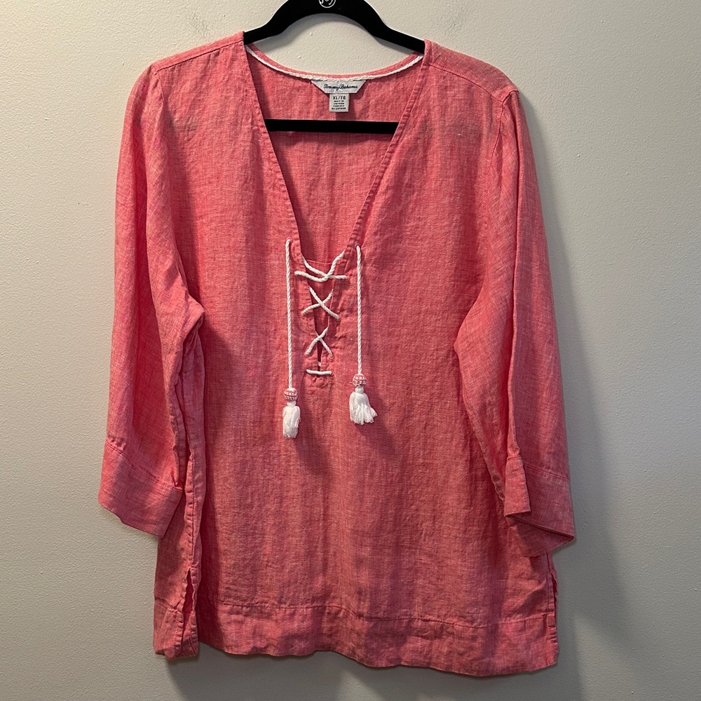 Tommy Bahama Women’s Red Costalina Lace-Up 100% Linen Blouse Sz XL